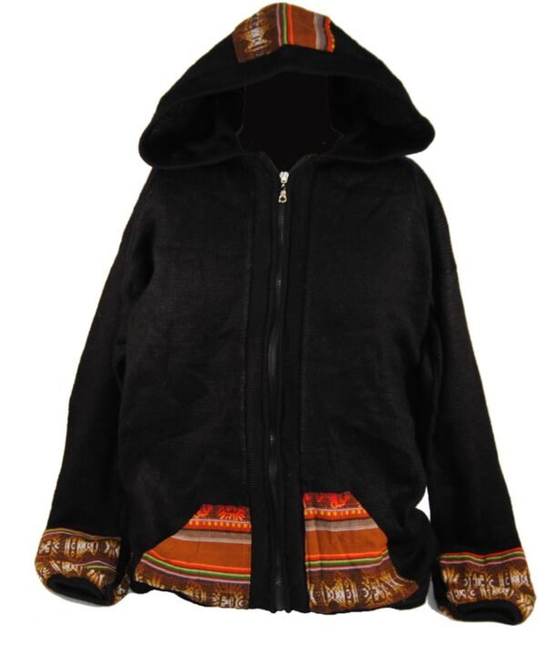 Tribal Hoody - Fair Trade Cool Alpaca South American Hooded Top Jacket - XL Black