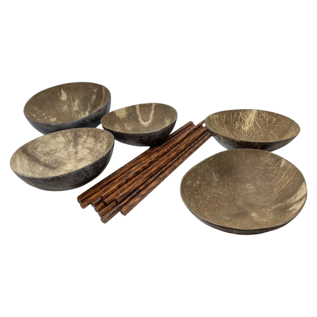 518329_93f25a01-743a-4b71-b66c-2e6ecf132d730.png Handcrafted Coconut Shell Bowls (Set of 5) with Chopsticks - Ethical Sourcing - Image 1