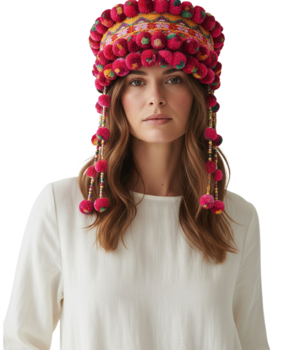 Pink Ethnic Handmade Thai Hmong Tribal Headdress Hat Fair Trade Unique Festival