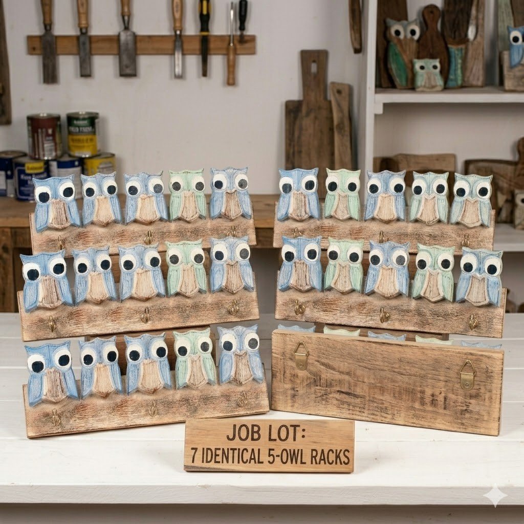 519741_f0d1560b-030a-499a-b9a1-8df4c9c9aa590.jpg RRP140 NEW Job Lot 7 x Driftwood OWL KEY HOOK Wood Wall Art - Image 1
