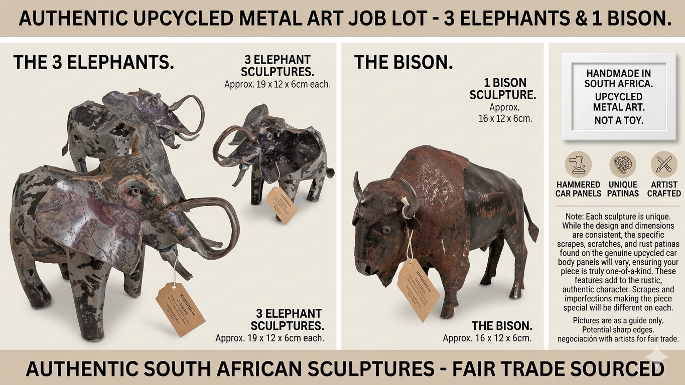 519979_5baa95c9-8259-46d0-a5e2-a8a5e3d5e6390.png RRP80 Upcycled Metal Animal Sculptures Job Lot 3 Elephants & 1 Bison South African Art - Image 1