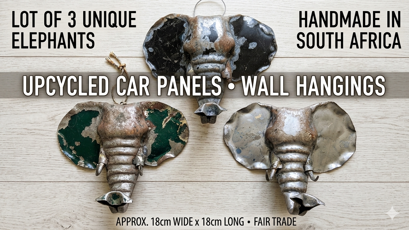 519980_8654fd11-3158-4d79-a734-c92fe78923390.png RRP90 Lot of 3 Upcycled Metal Elephant Wall Hangings Handmade South African Car Panel Art - Image 1