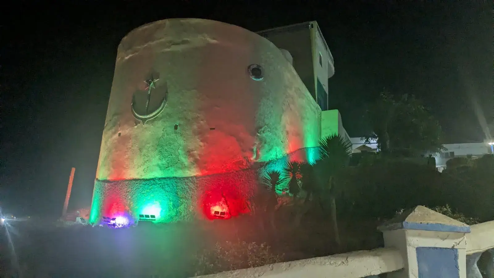 El Barco, the ship-shaped Spanish-period building in Sidi Ifni, illuminated at night