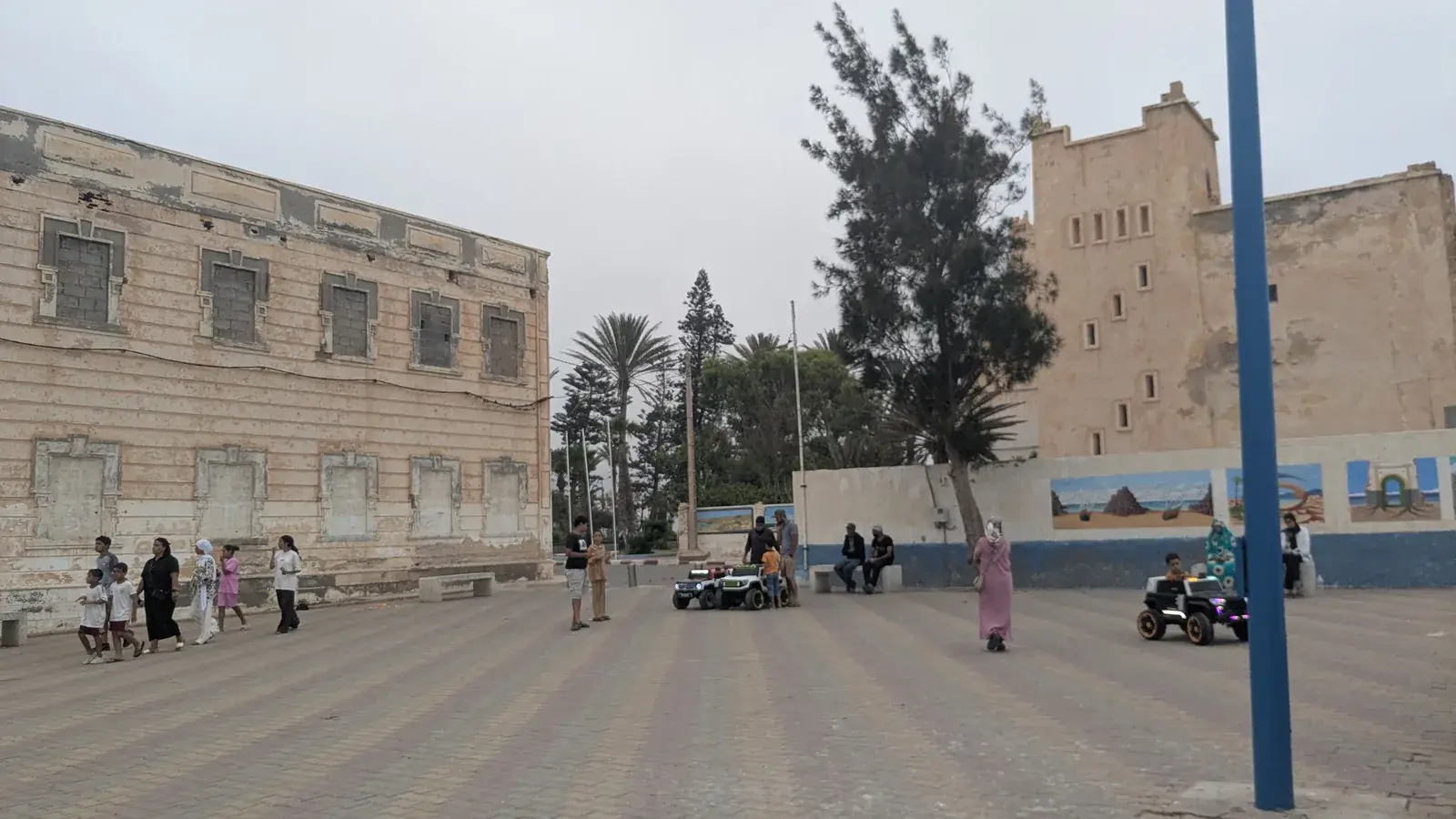 Evening street scene between the former Spanish consulate and former church in Sidi Ifni