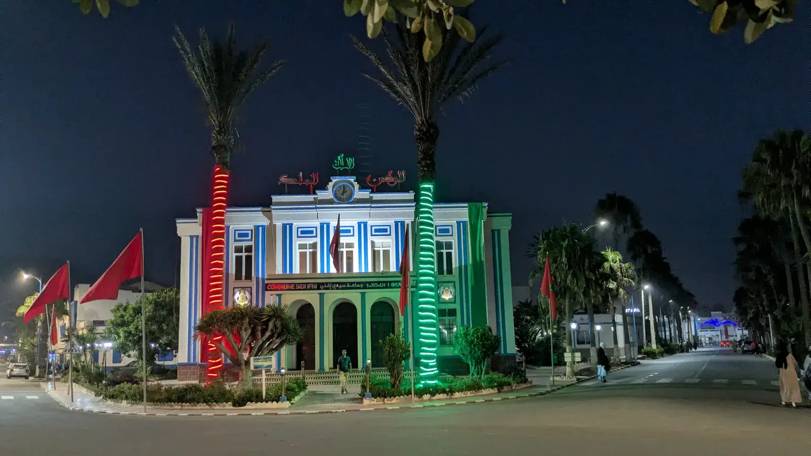 Illuminated Sidi Ifni Town Hall at night