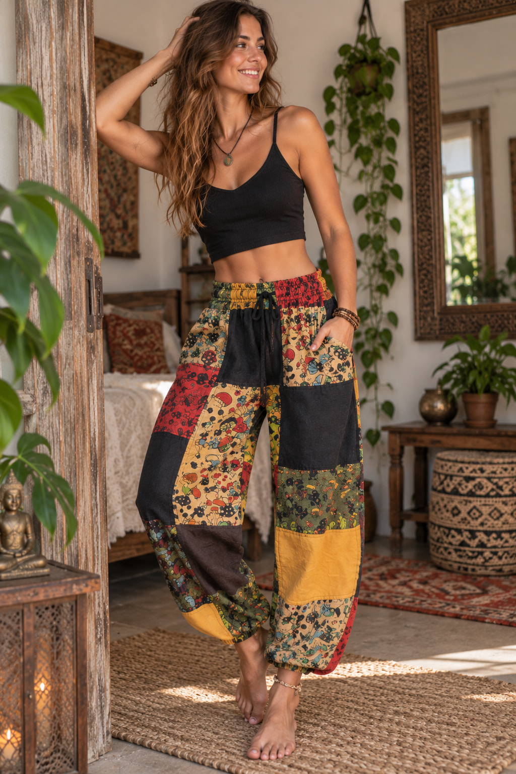 523509_05228ad7-5511-4bf0-a2bb-2e2267774a890.png Nepalese Cotton Patchwork Mushroom Trousers Unisex Boho Hippie Festival Joggers - Image 1